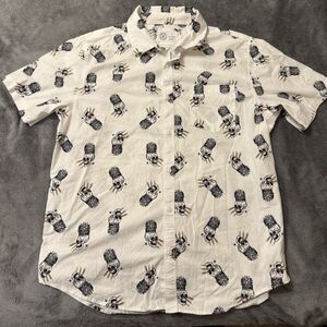 Hurley Shirt Men Sz L White Pineapple Skull Rainbow Lasers Button Up Stretch